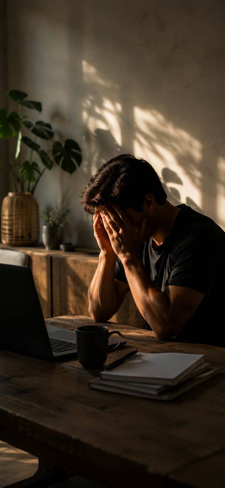 Een man zit aan een houten tafel met zijn gezicht in zijn handen. Voor hem staan een laptop, een mok en een stapel papier; op de muur achter hem tekent de zon de schaduw van een kamerplant.