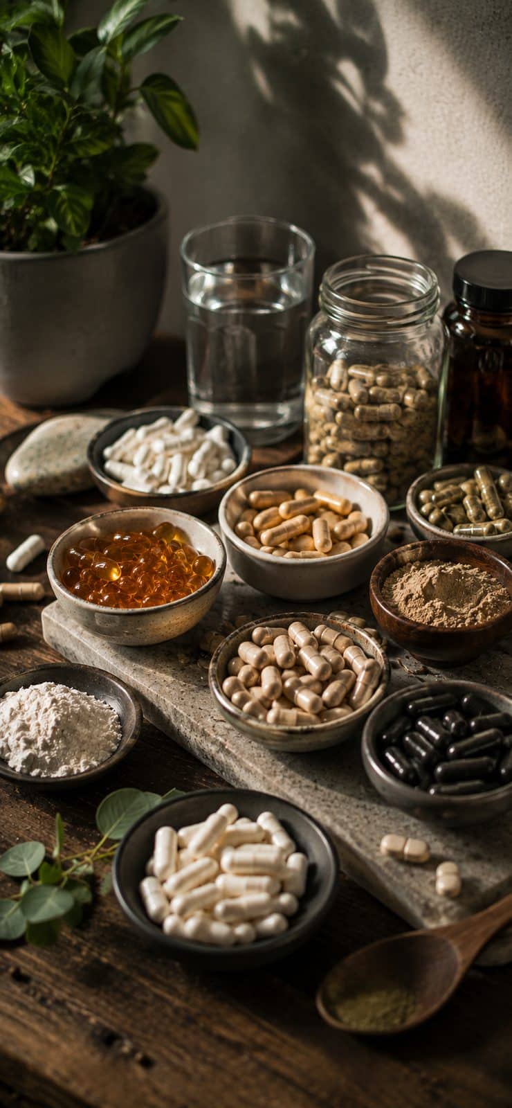 Een houten tafel in de ochtendzon met een stuk of tien schaaltjes vol capsules en poeders: witte capsules, beige capsules, groene, zwarte, twee soorten poeder en een schaaltje amberkleurige visoliecapsules. Daarachter een glas water, een weckpot en een bruin apothekersflesje, en aan de rand een plant.