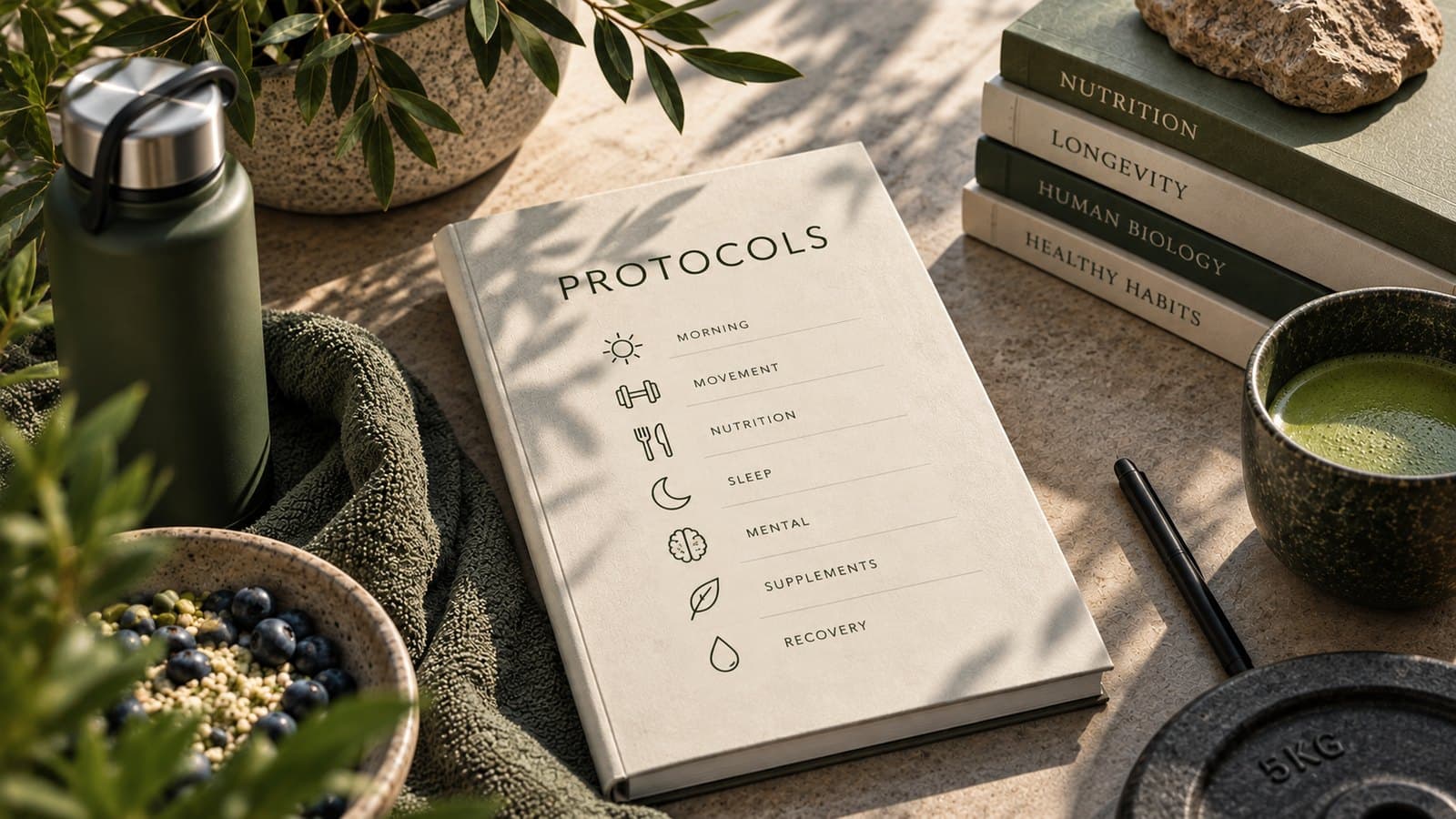 Een boek met Protocols op de omslag ligt op een stenen tafel, met een lijst van morgen, beweging, voeding, slaap, mentaal, supplementen en herstel, tussen een drinkfles, boeken en een kom bosbessen