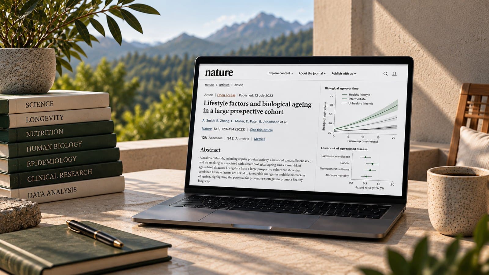 Een laptop op een stenen tafel buiten, met een wetenschappelijk artikel en twee grafieken op het scherm, naast een stapel boeken over onder meer longevity en epidemiologie