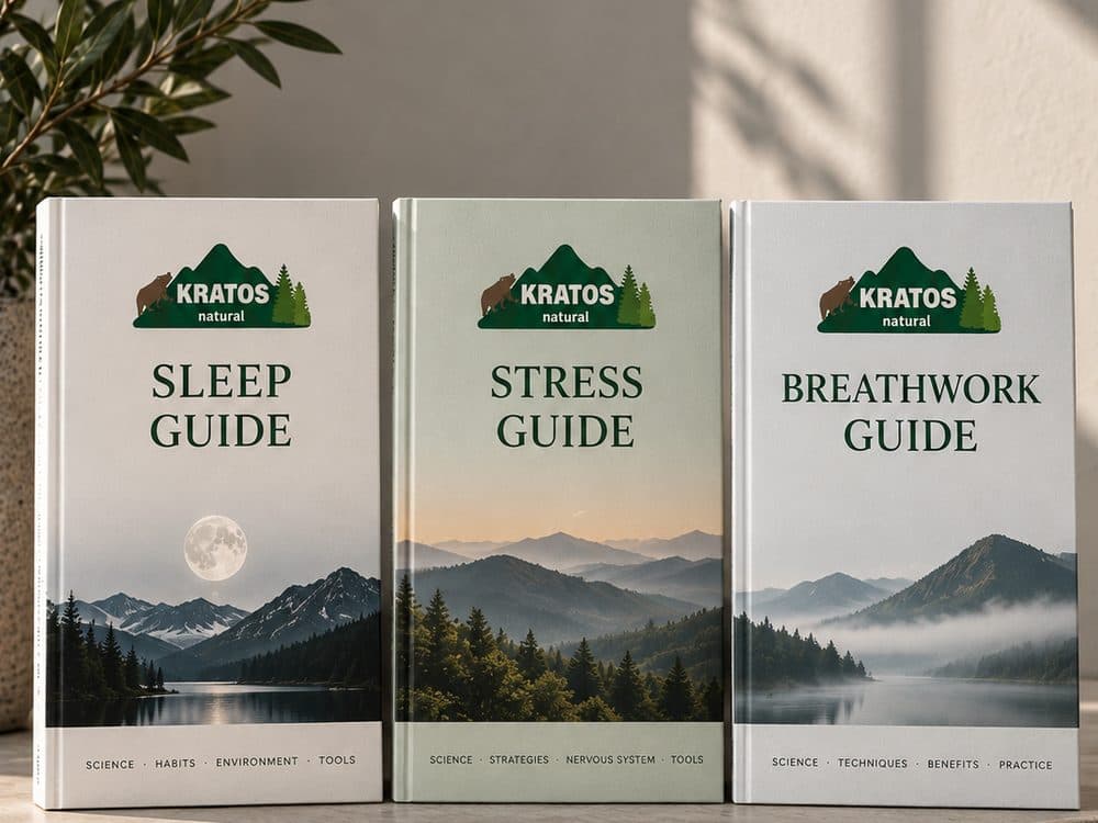 Drie gebonden gidsen naast elkaar tegen een lichte muur, met op de omslagen Sleep Guide, Stress Guide en Breathwork Guide, elk met het logo en een berglandschap eronder