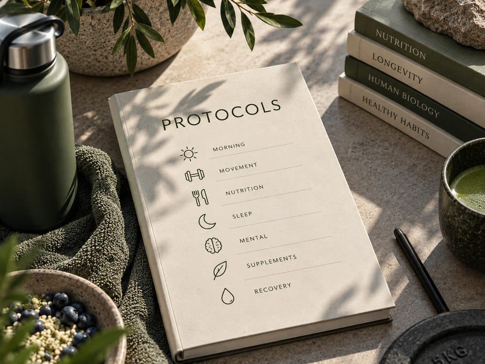 Een boek met Protocols op de omslag, met daaronder morgen, beweging, voeding, slaap, mentaal, supplementen en herstel, elk met een eigen pictogram, tussen een drinkfles, een kom bosbessen, een stapel boeken en een halterschijf
