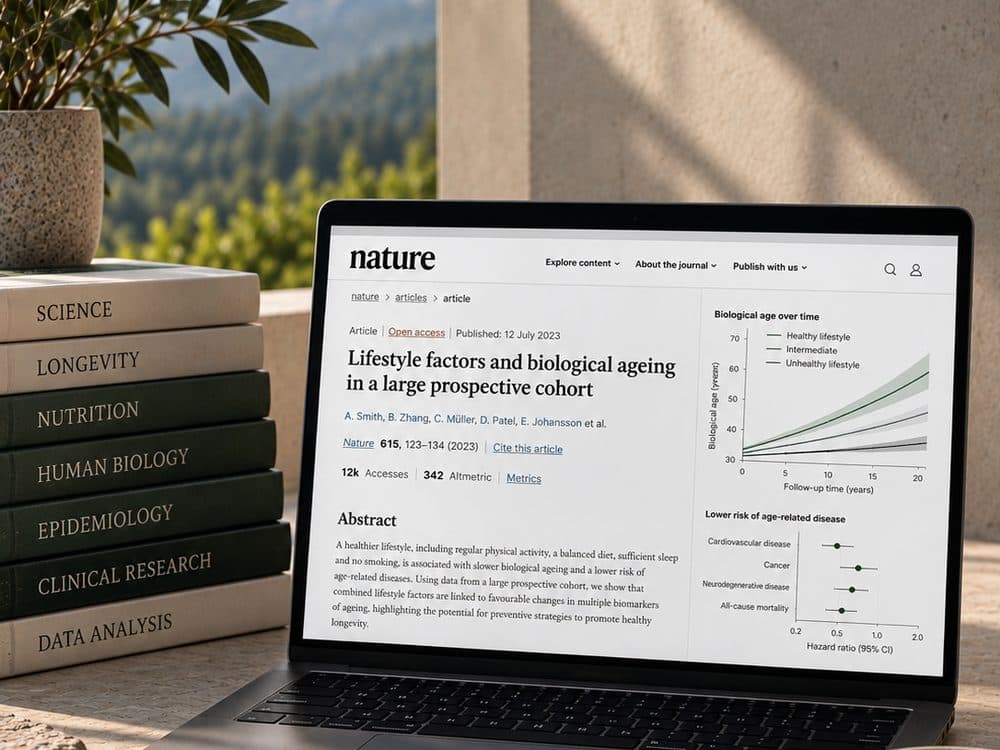 Een laptop buiten op een stenen rand, met op het scherm een artikel uit Nature over leefstijl en biologische veroudering en twee grafieken ernaast, naast een stapel boeken over onder meer epidemiologie, klinisch onderzoek en data-analyse