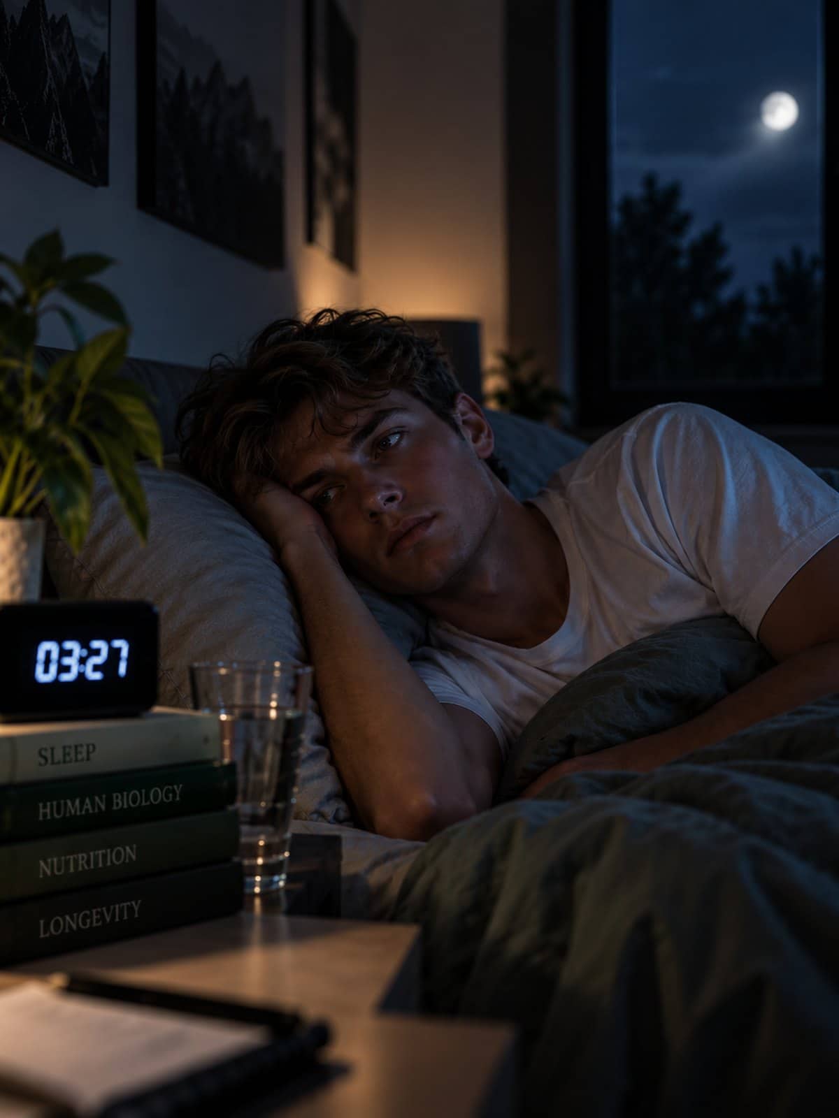 Een jonge man ligt op zijn zij in een donkere slaapkamer, wakker, met zijn hand onder zijn wang. Naast het bed staat een wekker op 03:27, met een glas water en een stapel boeken ernaast; door het raam is de maan te zien.