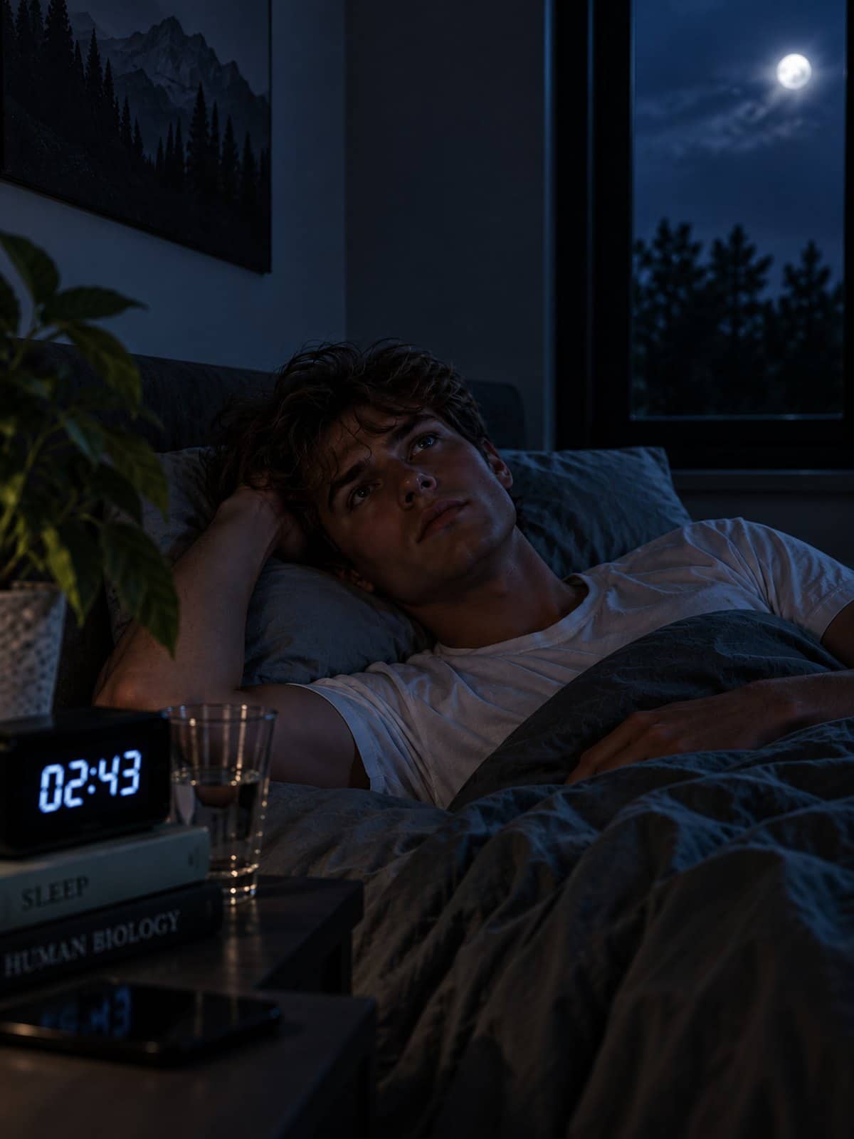 Een jonge man ligt op zijn rug in een donkere slaapkamer, klaarwakker, met één arm onder zijn hoofd. Naast het bed staat een wekker op 02:43, met een glas water en twee boeken ernaast; door het raam is de volle maan te zien.