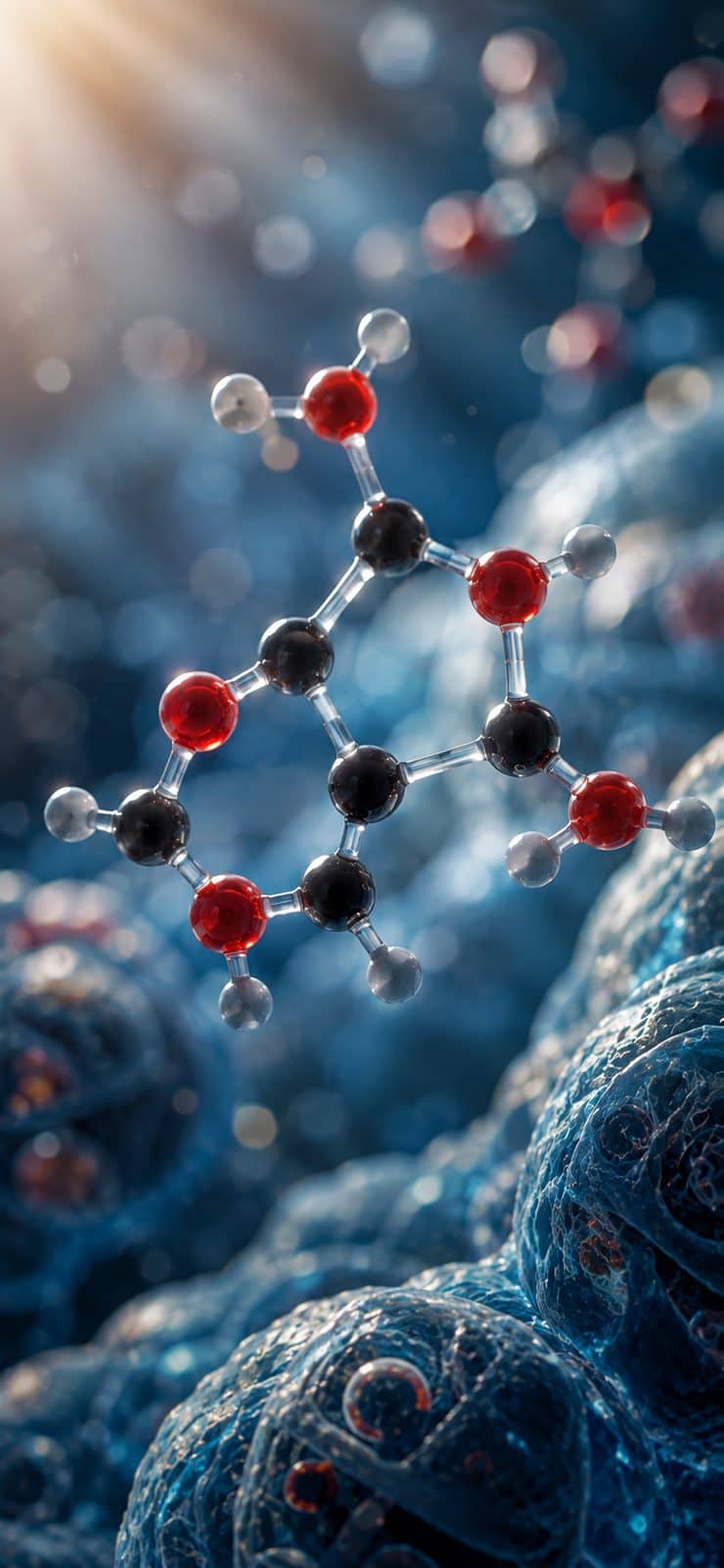 Een glucosemolecuul als balletjes-en-stokjesmodel: zwarte koolstofatomen in een ring, rode zuurstofatomen en witte waterstofatomen eromheen, zwevend boven een blauwe celstructuur.