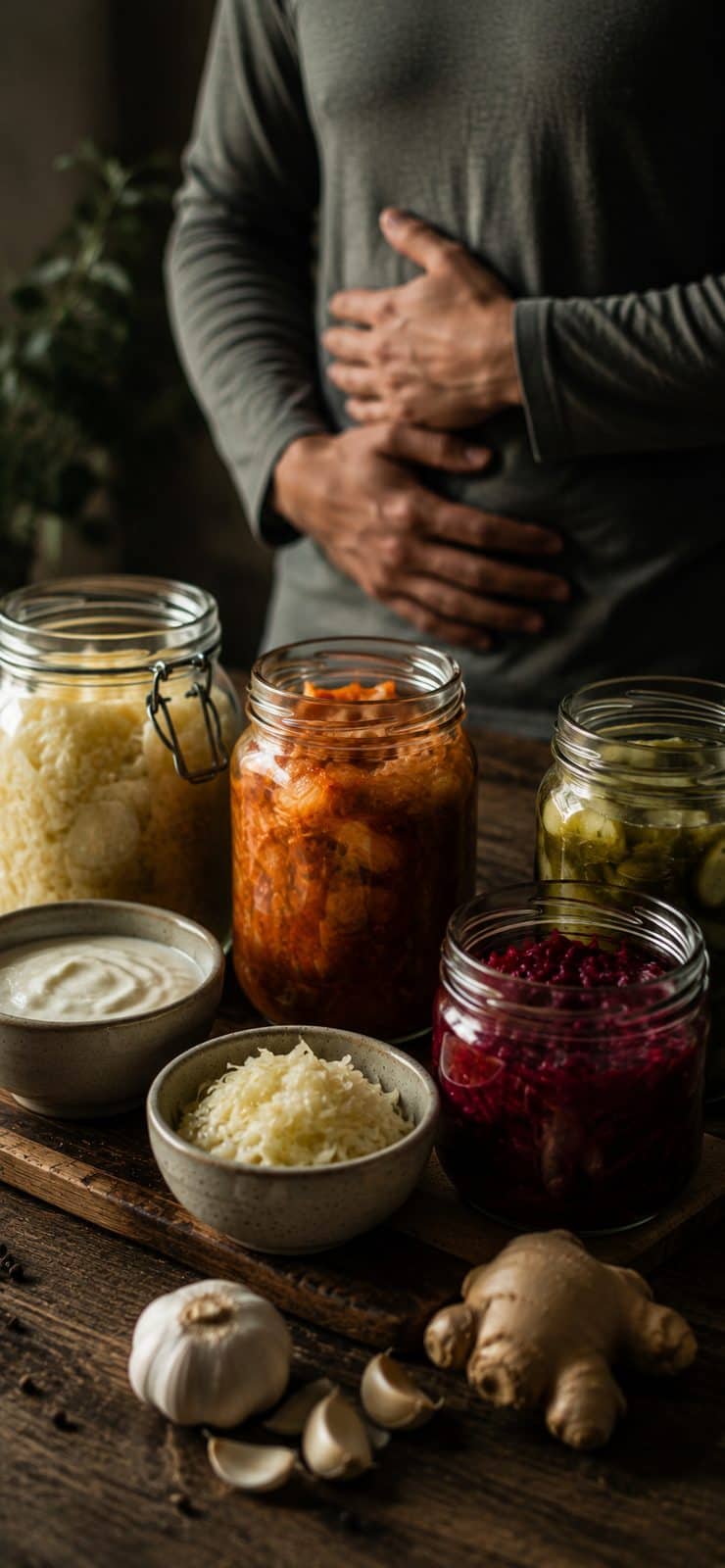 Iemand legt beide handen op zijn buik. Op de houten tafel ervoor staan potten zuurkool, kimchi, augurken en rode biet, twee kommen met yoghurt en kool, en verse knoflook en gember.