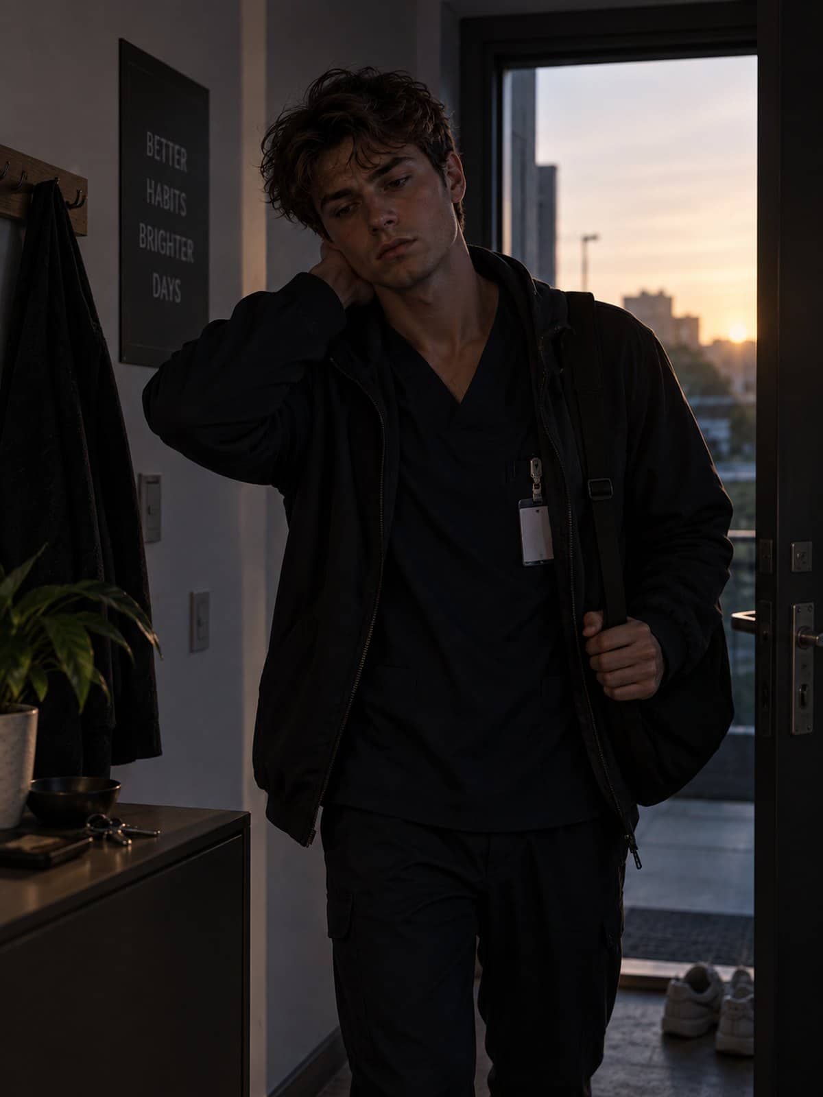 Een man in donkere werkkleding met een pasje om komt bij zonsopgang zijn hal binnen, zijn tas nog over zijn schouder en zijn hand in zijn nek. Achter hem staat de deur open met de opkomende zon erachter.