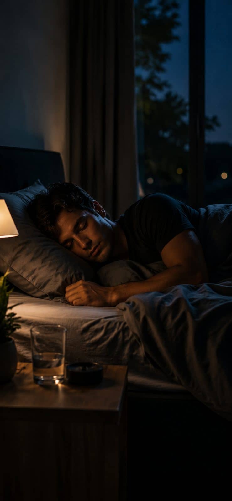 Een man slaapt op zijn zij in een donkere slaapkamer, één hand losjes voor zich op het laken. Naast het bed staat een schemerlampje met warm licht, een glas water en een plantje; achter het raam is de nacht.